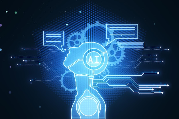 Testa di robot luminosa e icone su sfondo sfocato scuro Chat GPT machine learning e AI concept 3D Rendering