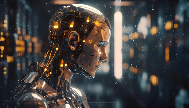 Testa di robot umanoide con scheda a circuito nel cyberspace