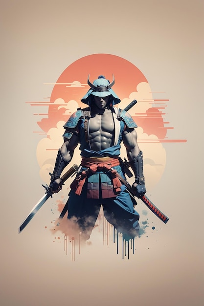 Testa di samurai Mascotte o logo silhouette di samurai muscoloso e elegante anime sbiadito