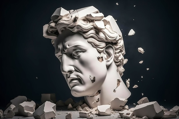 Testa di statua greca antica rotta che cade a pezzi Scultura di marmo rotta busto rotto concetto di depressione perdita di memoria perdita di mentalità o malattia Immagine generata dall'AI