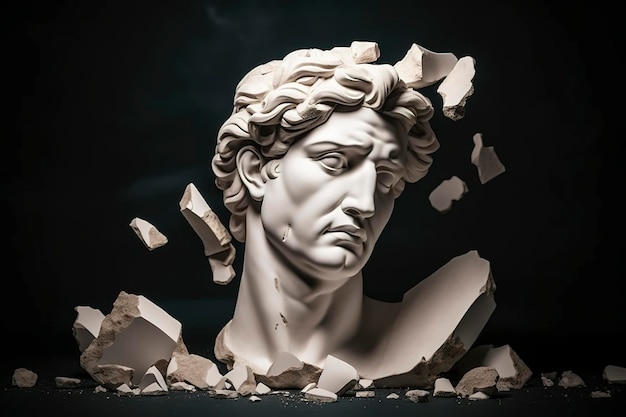 Testa di statua greca antica rotta che cade a pezzi Scultura di marmo rotta busto rotto concetto di depressione perdita di memoria perdita di mentalità o malattia Immagine generata dall'AI