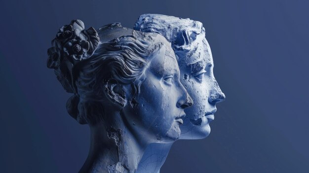 Testa di statua in gesso e donna di profilo su sfondo blu