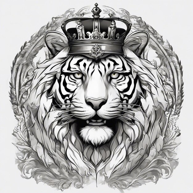 Testa di tigre con corona logo elegante e nobile sigillo adesivo bianco e nero