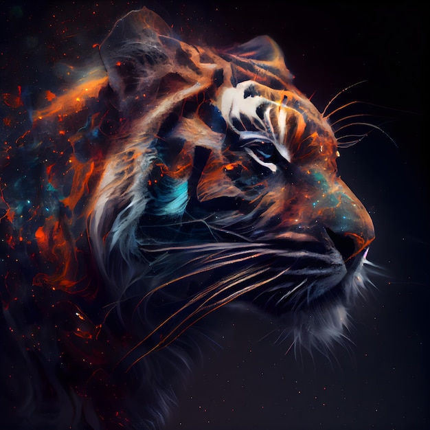 Testa di tigre con effetto fuoco e fumo Arte astratta a colori