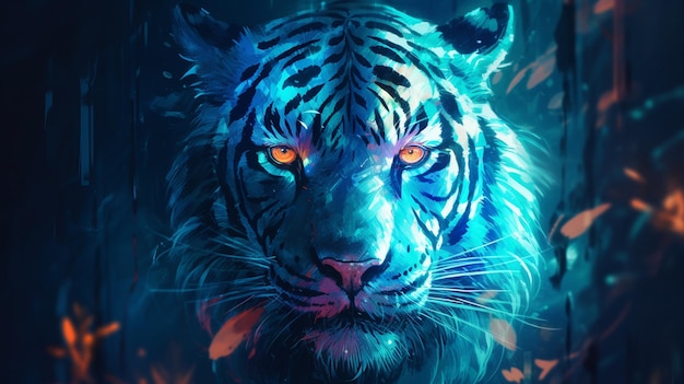 Testa di tigre con luce al neon blu Abstract backgroundgenerative ai