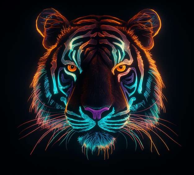 Testa di tigre dai colori vivaci su sfondo nero con occhi luminosi generativa ai