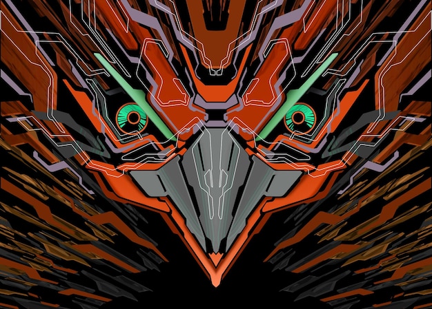 Testa di uccello robotica futuristica Mecha arancione verde nero