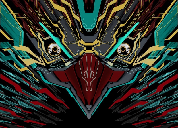 Testa di uccello robotica futuristica Mecha blu giallo rosso