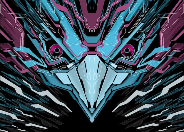 Testa di uccello robotica futuristica Mecha blu viola chiaro metallizzato
