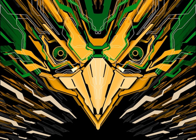 Testa di uccello robotica futuristica Mecha giallo verde nero