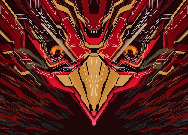 Testa di uccello robotica futuristica Mecha oro rosso marrone grigio