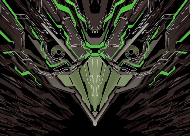 Testa di uccello robotica futuristica Mecha verde grigio scuro