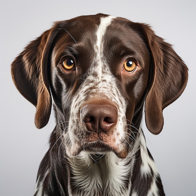 Testa di un cane da ferma tedesco a pelo corto con sfondo bianco