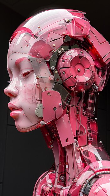 testa di un dispositivo in plastica nello stile dell'arte digitale futuristica anatomia umana rosa e cremisi