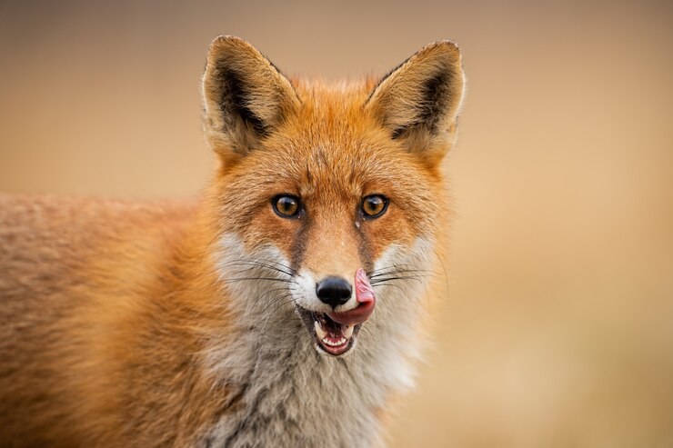 Foto testa di volpe rossa, (vulpes vulpes) che lecca le labbra.
