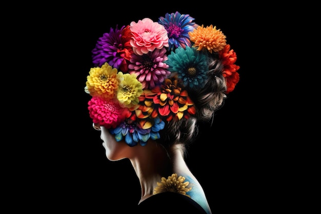 Testa femminile del giorno della salute mentale fatta di fiori colorati Persona immaginaria creata con l'intelligenza artificiale generativa