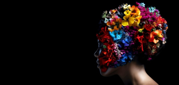 Testa femminile del giorno della salute mentale fatta di fiori colorati Persona immaginaria creata con l'intelligenza artificiale generativa