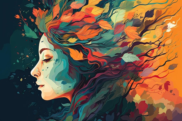 Testa femminile vibrante con albero multicolore lascia arte digitale surreale immagini organiche vivaci IA generativa