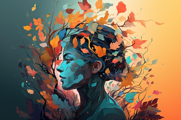 Testa femminile vibrante con albero multicolore lascia arte digitale surreale immagini organiche vivaci IA generativa