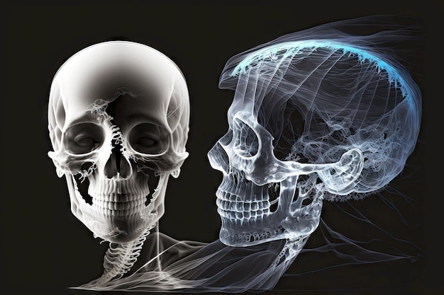 Testa galleggiante trasparente e scheletro fantasma su sfondo nero ai generativo
