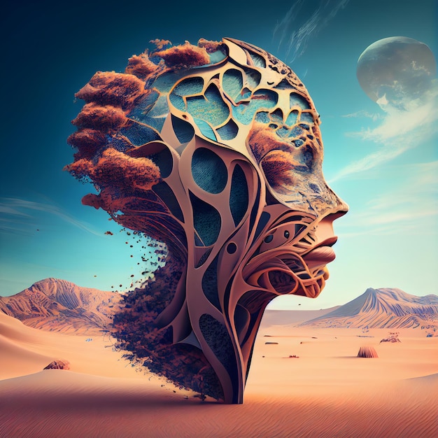 Testa umana astratta nel rendering 3D del deserto Illustrazione concettuale