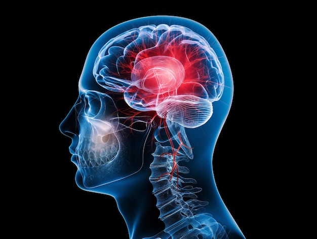 Testa umana con cervello evidenziato in rosso