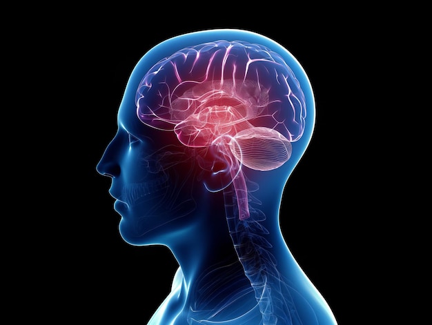 Testa umana con cervello evidenziato in rosso