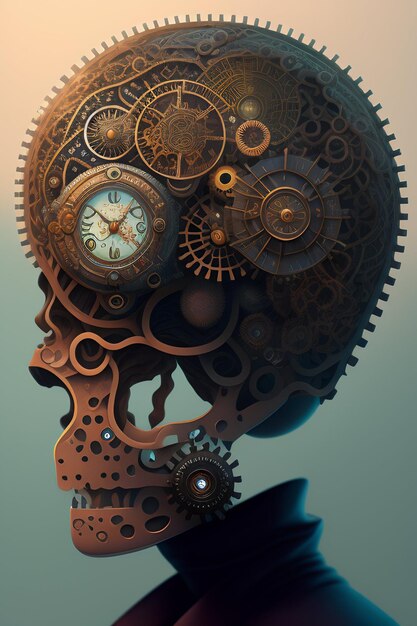 testa umana fatta di ingranaggi di orologio