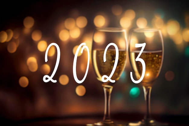 Testo 2023 e due bicchieri di champagne con luci bokeh dorate sfocate sullo sfondo