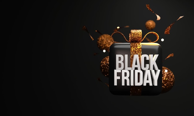 Testo 3D Black Friday con confezione regalo, nastri glitterati e spazio per la copia su sfondo scuro