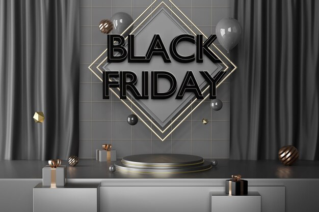 Testo 3d del Black Friday a sinistra con retroilluminazione blu e gialla su sfondo scuro con rendering 3d di sfere