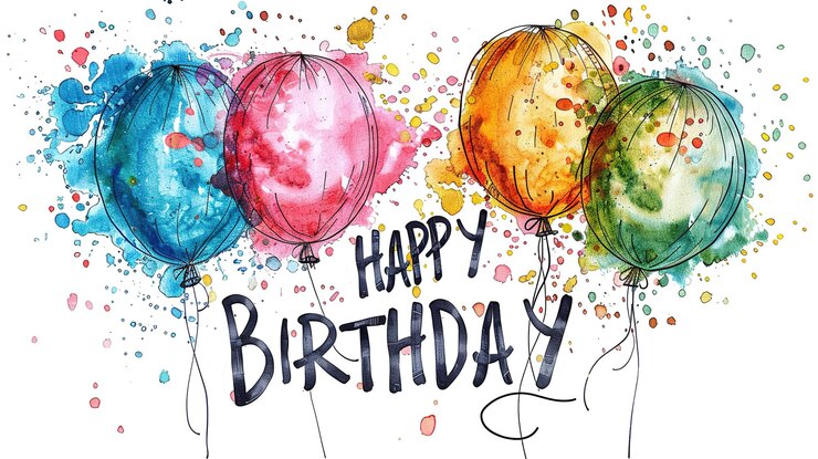 testo AGGIORNAMENTO DI FELICITÀ in lettere colorate con palloncini illustrati a colori su uno sfondo bianco