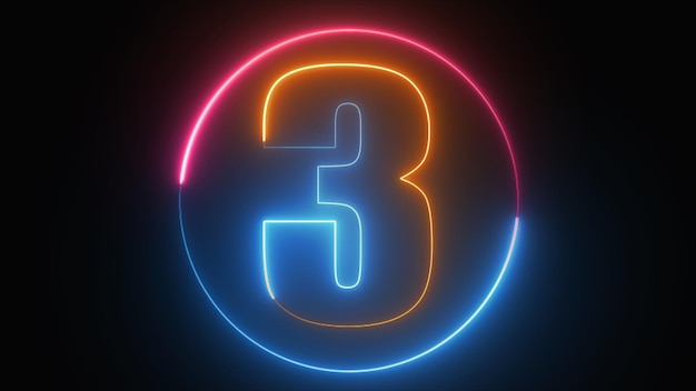 Testo al neon 3 con cerchio al neon numero tre che si illumina nella luce al neon blu rosa scuro numero tre il miglior simbolo digitale 3d rendering Concetto di educazione