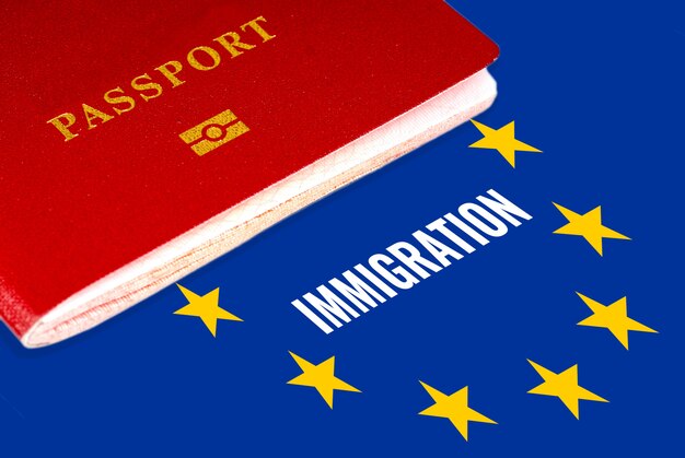 Testo bianco Immigrazione sulla bandiera dell'Unione europea