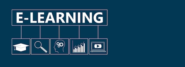 Testo del concetto di e-learning su sfondo blu