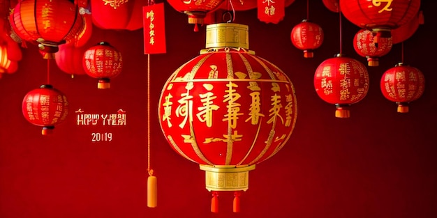 testo di buon anno cinese dorato e rosso in ornamenti appesi con lanterne e taglio di carta