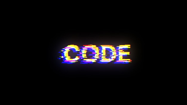 Testo di codice di rendering 3D con effetti di schermo di glitch tecnologici