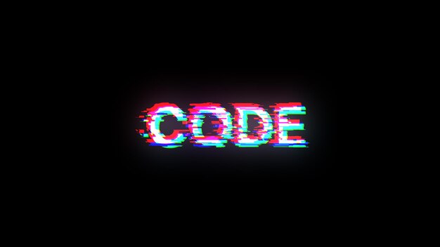 Testo di codice di rendering 3D con effetti di schermo di glitch tecnologici
