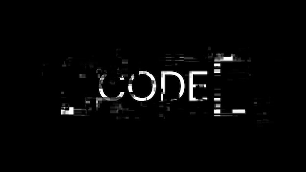 Testo di codice di rendering 3D con effetti di schermo di glitch tecnologici
