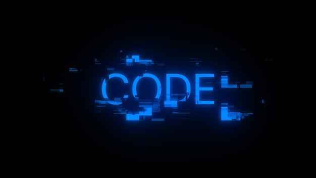 Testo di codice di rendering 3D con effetti di schermo di glitch tecnologici