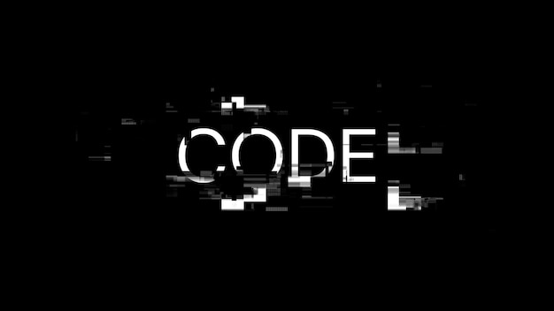 Testo di codice di rendering 3D con effetti di schermo di glitch tecnologici