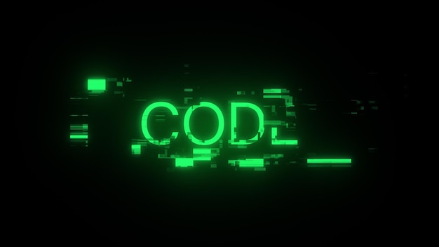 Testo di codice di rendering 3D con effetti di schermo di glitch tecnologici