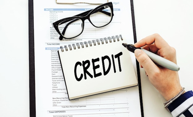 Testo di credito scritto da una donna d'affari nel suo diario sulla scrivania dell'ufficio Concetto aziendale