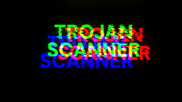 Testo di scanner trojan con effetti di schermo di glitch tecnologici