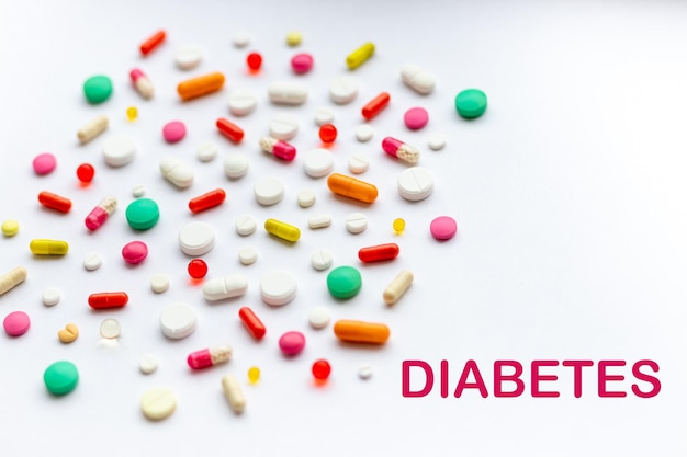 Testo diabeteMolte pillole diverse su sfondo bianco piatto layGlobal Industria farmaceutica e prodotti medicinali Pillole colorate Compresse e capsule concetto di medicina e farmaco