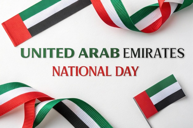 Testo Giornata nazionale degli Emirati Arabi Uniti e bandiere degli Emirati Uniti come nastri su sfondo bianco