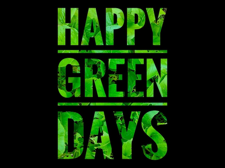 Foto testo happy green days con parola verde su sfondo nero