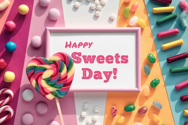 Testo Happy Sweetest day in cornice rosa Grande cuore lecca lecca pop dolci assortiti cioccolatini dolciumi su carta a strati multicolor Vista dall'alto piatta Disposizione design di auguri per le vacanze del giorno più dolce