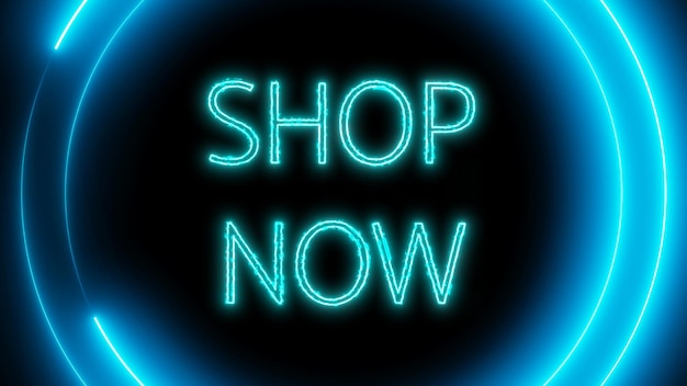 Testo Shop Now con cerchio luminoso al neon su sfondo nero