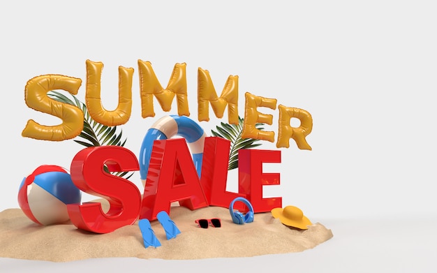 Testo Summer Sale sulla sabbia con accessori da spiaggia